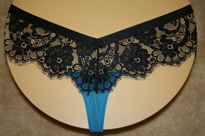 Black Thong w Sheer Floral Lace Skirt On Wide Band, Shiny Bow On Front - L - Image 1 of 2