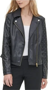 CALVIN KLEIN Moto Gold Studded Sleeves Faux Leather Jacket Large NWT Sold out! - Picture 1 of 9