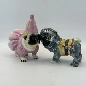 2 Pug Dog Knight and Princess Kissing Salt & Pepper Shakers Ceramic Magnetic - Picture 1 of 17
