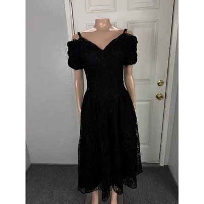 Vintage 80s 90s Cilantro Prom Formal Dress Lace Smocked Cold Shoulder Evening U3 - Image 1 of 4