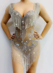 Premium Dancer Costume Bling Tassel Bodysuit One Piece Flapper Festival Outfit - Picture 1 of 17