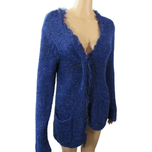 Chicos Button Cardigan Sweater Womens Size 2 Blue Frill Long Sleeves Linen Blend - Picture 1 of 10