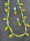 Unique handmade vintage style pear fruit & flowers necklace & earrings pierced