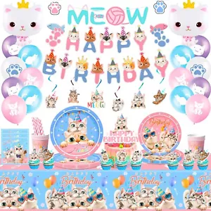 Cat Party Decorations,Cat Birthday Supplies Kitten Tableware Balloons Serves 16 - Picture 1 of 11