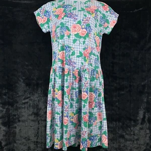 Vintage Dress Size L/XL Floral Checkered Short Sleeve Midi Knee Length Blue - Picture 1 of 4