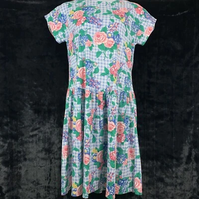 Vestido Vintage Tamanho G/XL Floral Xadrez Manga Curta Midi Comprimento do Joelho Azul - Imagem 1 de 4