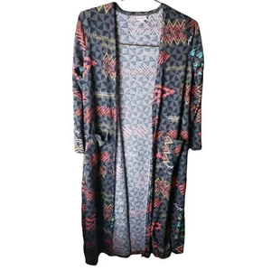LuLaRoe Sarah Cardigan Spolverino Taglia S Grigio Arancione Motivo Teal Tasche - Foto 1 di 12