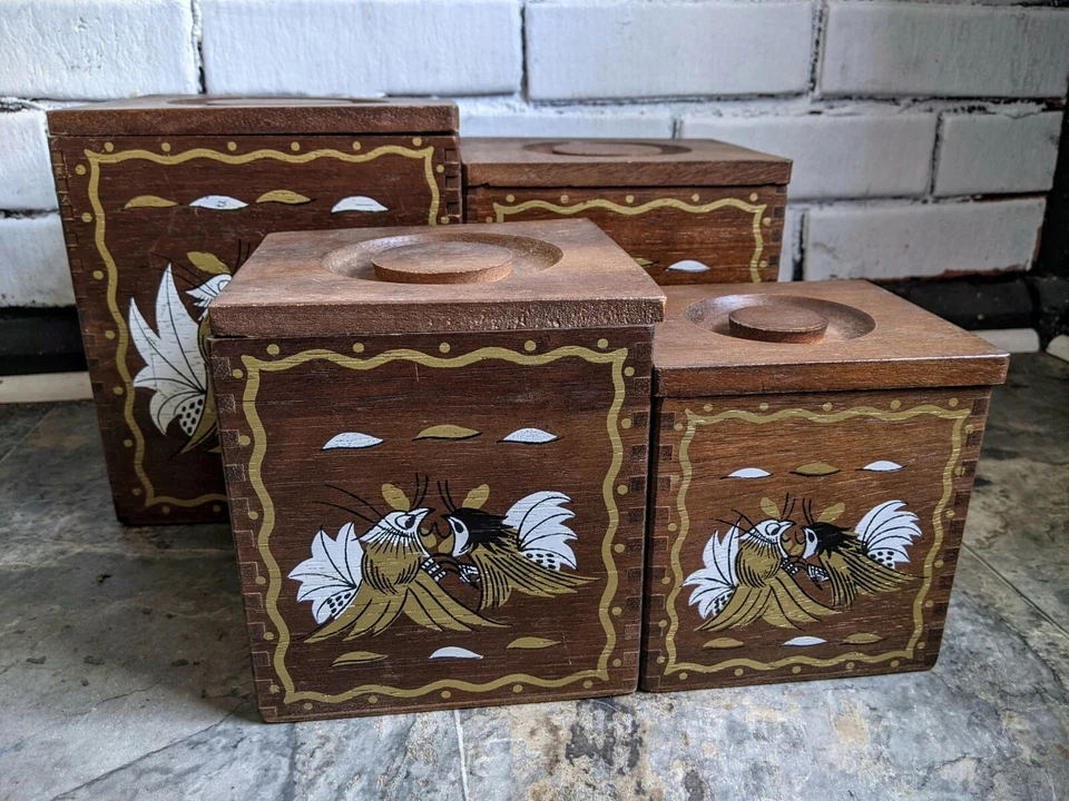 Vintage Japanese Wood Nesting Boxes Canisters Set of 4 - Image 1 of 4