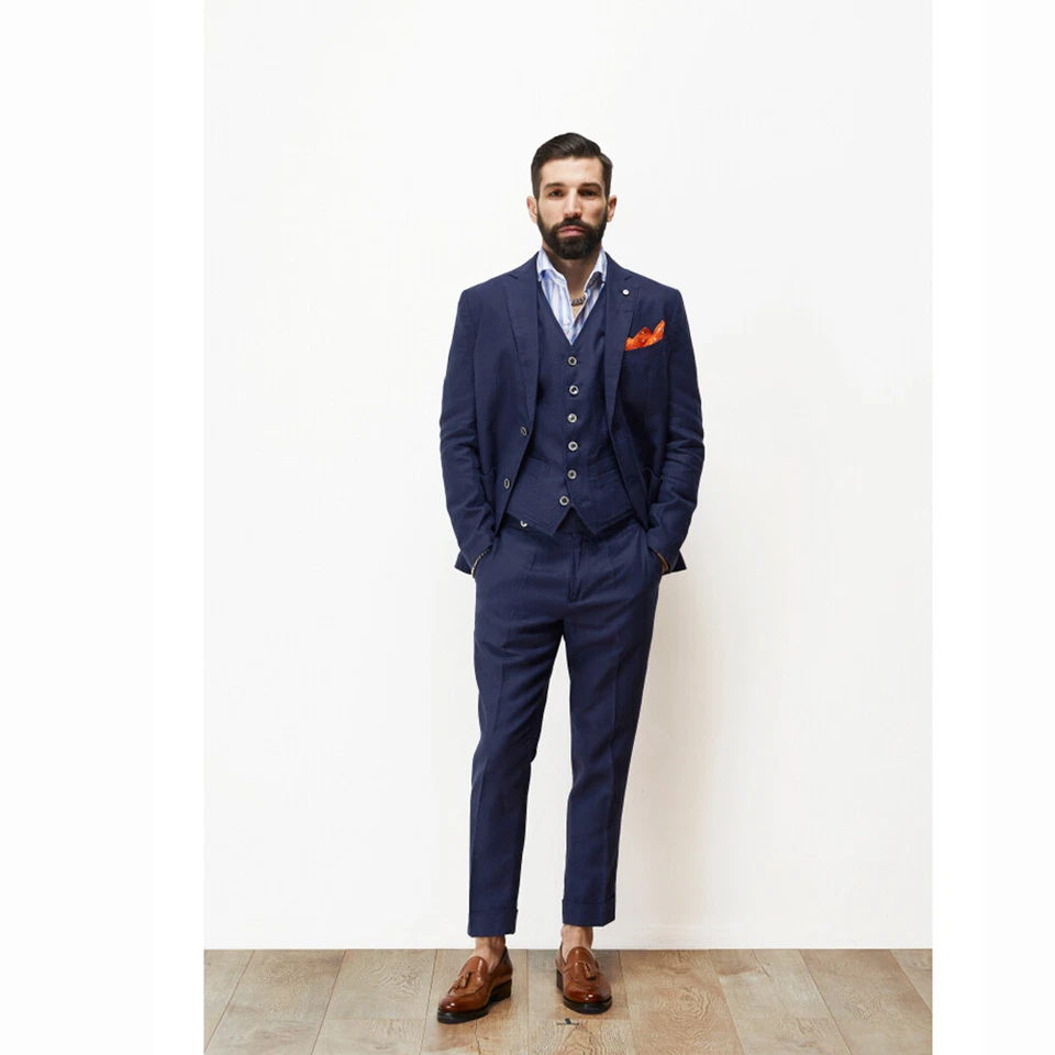 Linen Men's Suits 3 Pieces Leisure Peak Lapel Summer Wedding Tailored Tuxedos - Image 1 of 4