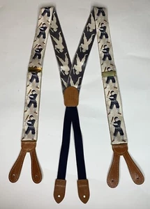 De colección Cole Haan Béisbol Brackets Seda Cuero Tejido Botón Tirantes EE. UU. A2695 - Imagen 1 de 6