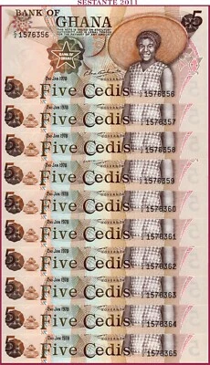 $ GHANA 5 CEDIS 2.1.1978 SCARCE Lot 10 pcs -  P 15b UNC; free shipping from 100$ - Image 1 of 3