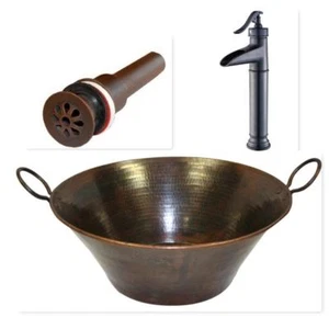 16" Copper Cazo Vessel Sink with Handles Daisy Drain & ORB Faucet - Picture 1 of 5