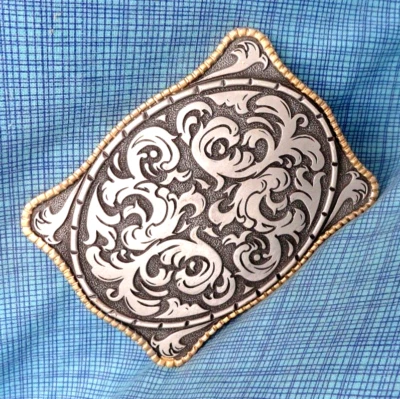 Cowboy Belt Buckle Western Floral Scroll Rodeo Bull Storming Silver Vtg .SHY207 - Image 1 of 4