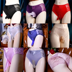 Plus Size Sexy Men Floral Lace Underwear Shiny Satin Sissy Pouch Thong Panties - Picture 1 of 25