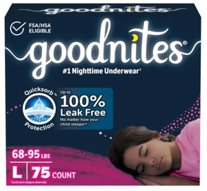 Goodnites Girls' Nighttime Bedwetting Underwear, Size Large (68-95 lbs), 75 Ct - Picture 1 of 4