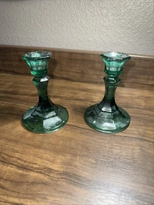 Emerald Green Glass Candle Holders Centerpiece Candlestick Lighting Sets VTG - Picture 1 of 4
