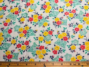 Vintage Cotton 1940s Feedsack Fabric Red Yellow Floral Baskets 3/4 Sack - Picture 1 of 3