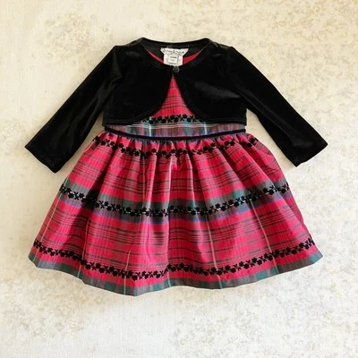 Новый без ценников Pippa & Julie 3-6 Mos платье жакет комплект черный бархат красный клетку праздник Рождество - Изображение 1 из 4