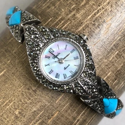 Xanadu女式礼服MOP蓝色绿松石银色手链椭圆形石英表18毫米手表6 — 第 1/4 张图片