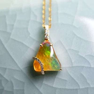 Triangle Mexican Fire Opal 18K Yellow Gold Pendant Necklace with Diamond - Image 1 of 4