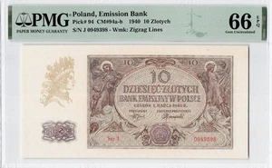 Poland, Emission Bank P94, 1940 10 Zlotych, PMG Graded 66 Gem uncirculated - Picture 1 of 2