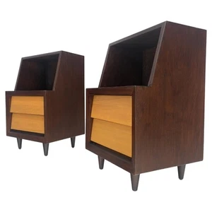 Pair Louver Shape Two Drawer Step End Tables Night Stands Brown & Light Walnut - Picture 1 of 8