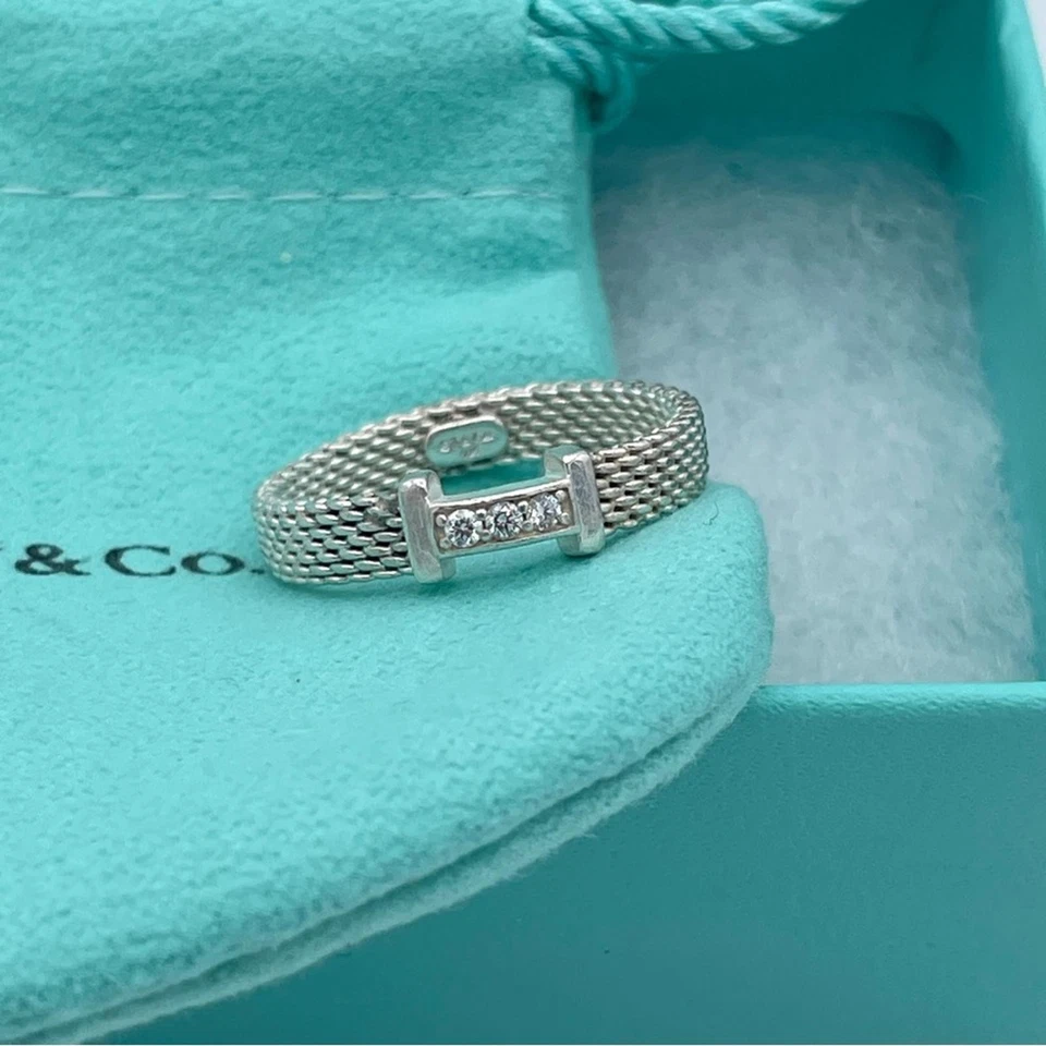 Anillo Tiffany & Co. Somerset Malla Diamantes Plata de Ley 925 Banda Listo para Regalo Foto 1 de 4