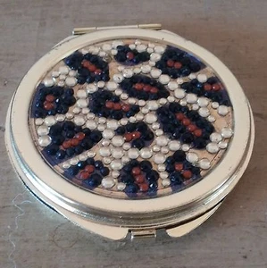 Vintage Gold Plated Oval Rhinestone Compact Empty Loose Mirror Leopard Diamond - Picture 1 of 5