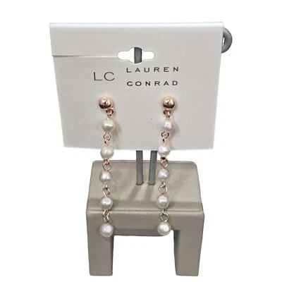 LC LAUREN CONRAD ROSE GOLD PLATED WHITE FAUX PEARL LINEAR DANGLE EARRINGS NWT - Image 1 of 2