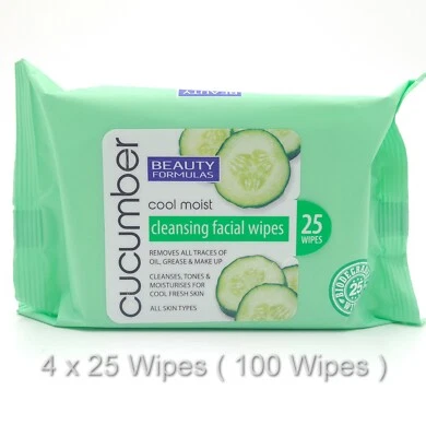 BEAUTY FORMULAS CUCUMBER CLEANSING FACIAL WIPES 4 X 25 PACK ( 100 WIPES )