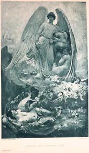 HEILIGER GEFLÜGELTER ENGEL SCHÜTZT MUTTER KIND vor FALLEN ~ alter Kunstdruck von 1889 Tiefdruck - Bild 1 von 1