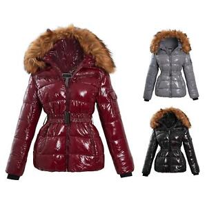 Shelikes Womens Wet Look Puffer Faux Fur Hood Winter Warm Coat Jacket Size