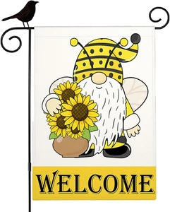 Gnome Garden Flag Summer Bee Gnome Sunflower Yellow Floral Welcome Spring Garden - Picture 1 of 7