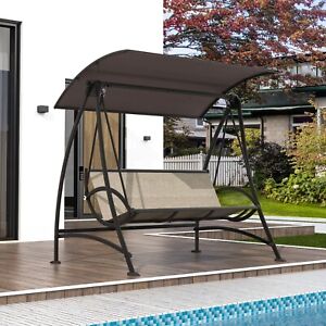 Domi Porch Patio Swing w/Adjustable Canopy, 3-seat Swing with Stand w/Armrests