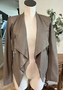 my tribe Mujer Pequeña Taupe Tejido Suave Cuero Frente Abierto Flecos Chaqueta - Imagen 1 de 5
