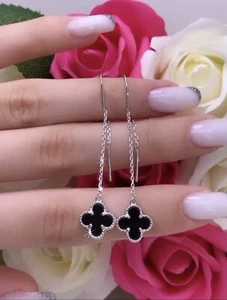 Ohrringe fein Silber 925 Schwarz ONYX Kleeblatt Silber Ohrhänger - Bild 1 von 3