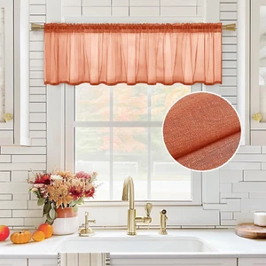 Burnt Orange Sheer Valance Linen Textured Look Half Window Curtain, Farmhouse Sm - Picture 1 of 8