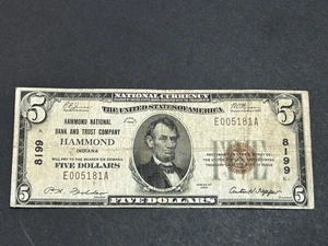 1929 $5 National Currency Note ***HAMMOND, Indiana*** US Bill LOW Shipping!!! - Picture 1 of 2