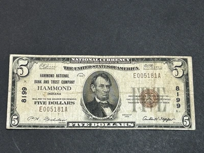 1929 $5 National Currency Note ***HAMMOND, Indiana*** US Bill LOW Shipping!!! - Image 1 of 2