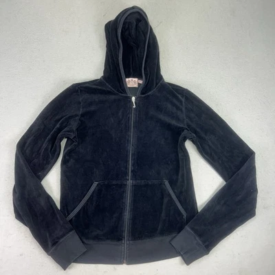 Juicy Couture Velour Full Zip Y2k Hoodie VTG Black Sz M Rhinestones Jacket USA - Image 1 of 4