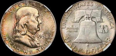 1958 D Franklin Half NGC MS67 FBL Rainbow Toned - Image 1 of 3