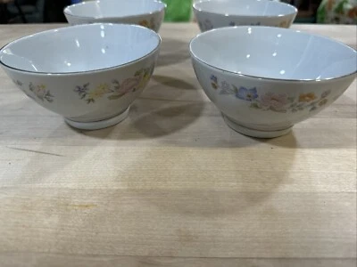 Set Of 4 Rice Bowl Vintage Gold Rim White Porcelain 5" Action Industries Floral - Image 1 of 4