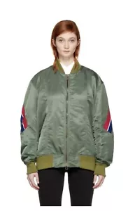 Facetasm Ribbed Wool Trimmed Satin Bomber Jacket In Army Green 3 - Picture 1 of 23
