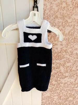ROBE TRICOT FAIT MAIN FILLE 18M 2 ANS BLEU ET BLANCHE ROBE CHASSUBLE COEUR - Photo 1/4