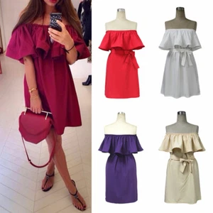 Sexy Off Shoulder Ruffle Short Mini Dress Women's Summer Boho Beach Dress Casual - Picture 1 of 27