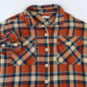 FAHERTY SURF FLANNEL OVERSHIRT RUST RED TAN BLUE PLAID KNIT COTTON WOMEN’S XL - Picture 1 of 9