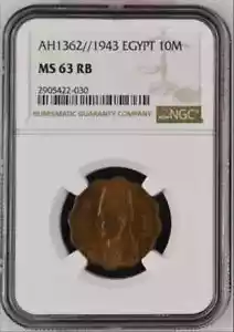 EGYPT 10M AH1362 1943 KING Farouk UNC MS 63 RB Graded by NGC Ten Milliemes - Picture 1 of 3