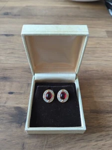 Beautiful Faux Ruby Diamond Earrings Pierced Ears Red Cut Glass in Case (2.1) - Picture 1 of 3