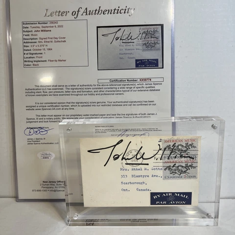 John Williams signed 3x5 First Day Cover October 15, 1964 In Acrylic Case JSA Cover