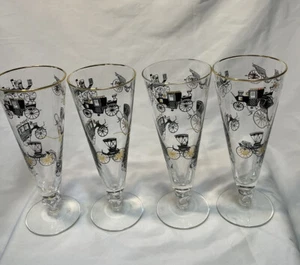 MCM Mid Century Modern Fluted Champagne Glass Footed Horse Carriage 4 Set W638 - Picture 1 of 9